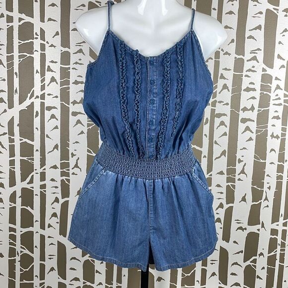 Blue Spice Denim Chambray Smocked Waist Romper M - Picture 1 of 8